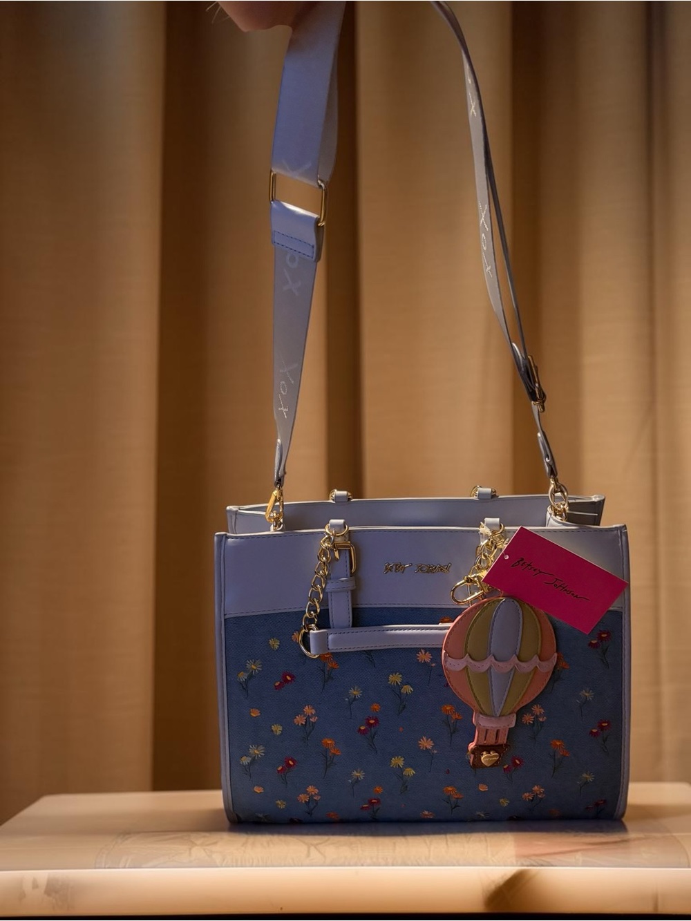 Betsey Johnson Denim Floral Satchel with Pastel Hot Air Balloon Charm NWT 💐 - Picture 13 of 13
